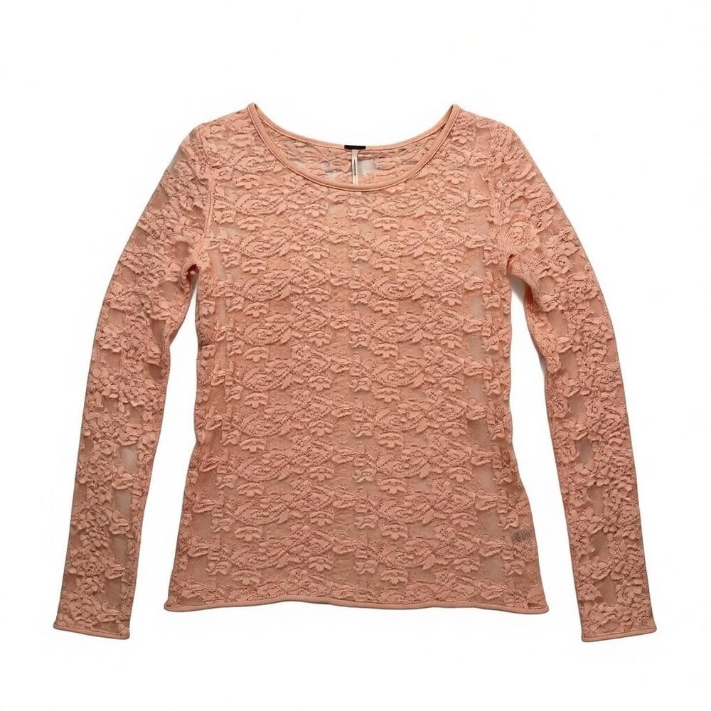 Free People Sheer Lace Textured Long Sleeve Top Blush Size M Romantic Coquette